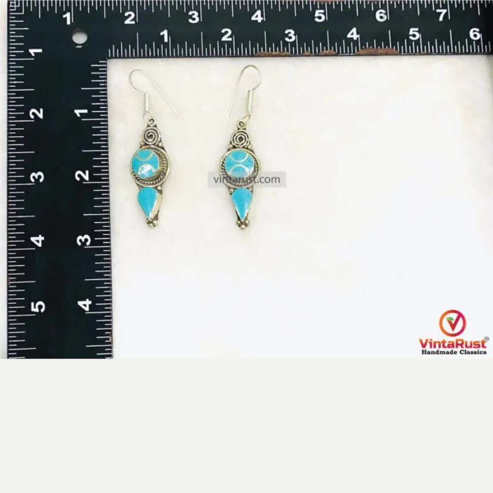 Handmade Turquoise Dangle Earrings: Vintage Boho Nepalese Jewelry - Picture 3 of 4